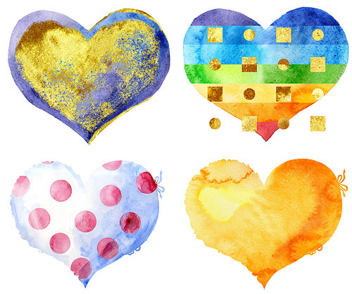 Set of watercolor hearts with light and shade, painted by hand