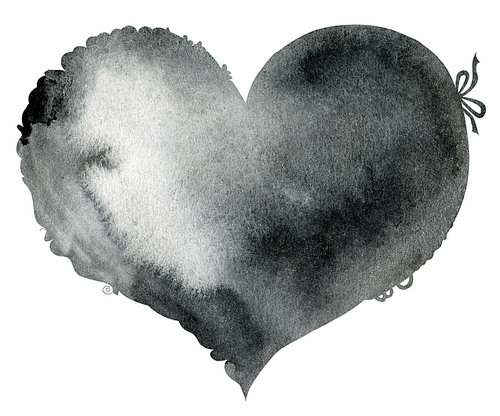 watercolor blaack heart with light and shade, painted by hand