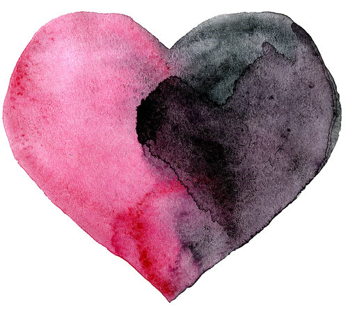 watercolor pink and black heart with light and shade, painted by hand