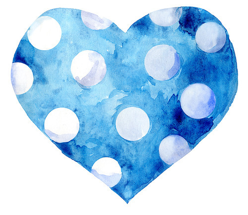 Watercolor blue heart with polka dots on a white background.