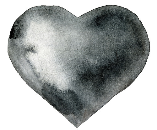 watercolor black heart with light and shade, painted by hand