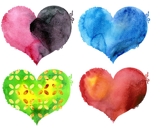 Set of watercolor hearts with light and shade, painted by hand