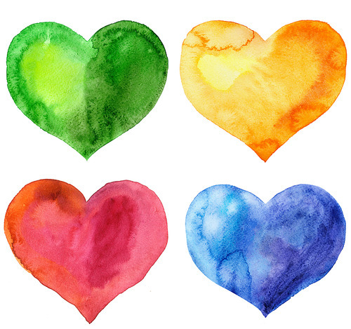 Set of watercolor hearts with light and shade, painted by hand