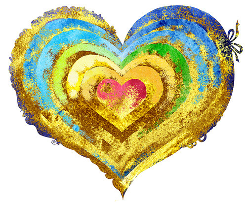 Rainbow heart in watercolor painting with gold strokes, on a white background