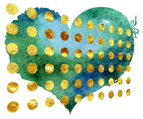 watercolor dark green heart with gold dots, painted by hand