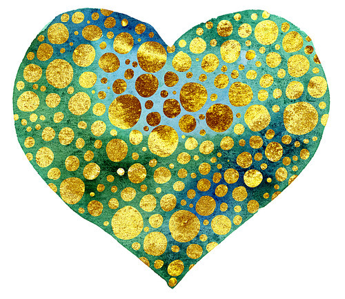 Watercolor heart with with gold dots, painted by hand