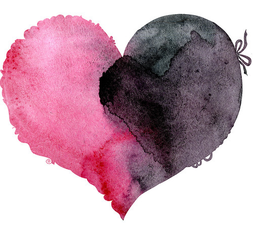 watercolor pink and black heart with a lace edge, painted by hand