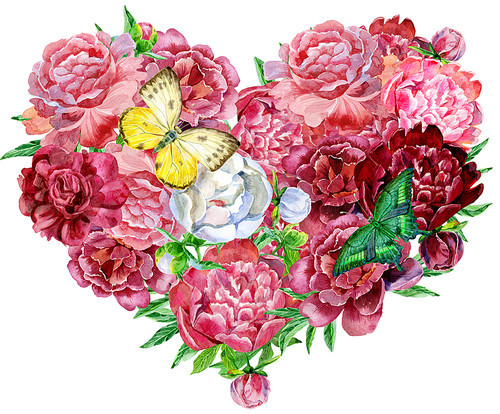 watercolor heart of pink peonies with butterflies, painted by hand