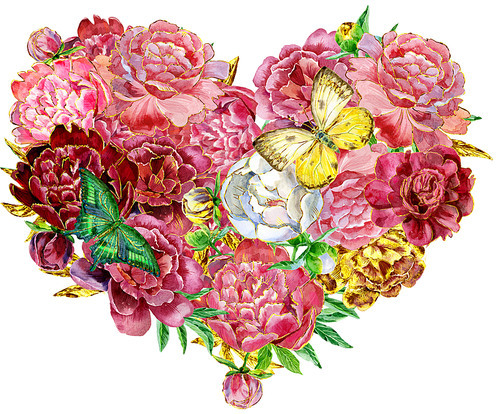 Watercolor heart of pink peonies with butterflies and gold strokes, painted by hand