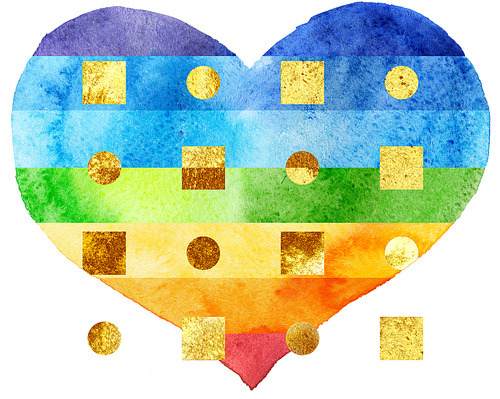 Rainbow heart with gold pattern in watercolor painting, on a white background