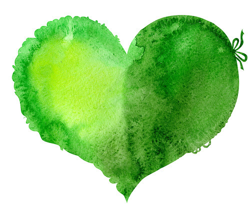 watercolor green heart with light and shade, painted by hand