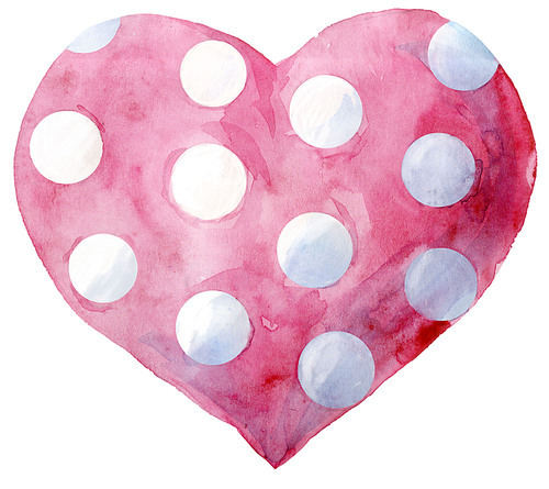 Watercolor pink heart with polka dots on a white background.