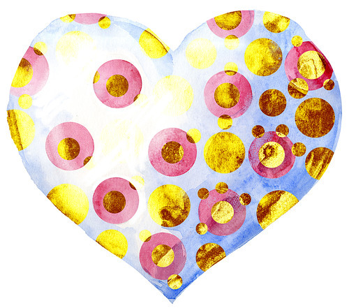 Watercolor white heart with pink polka dots and gold dots on a white background.