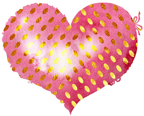 Watercolor pink heart with gold dots, painted by hand