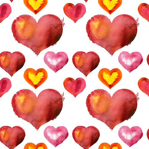 Seamless pattern of watercolor red hearts with light and shade, painted by hand