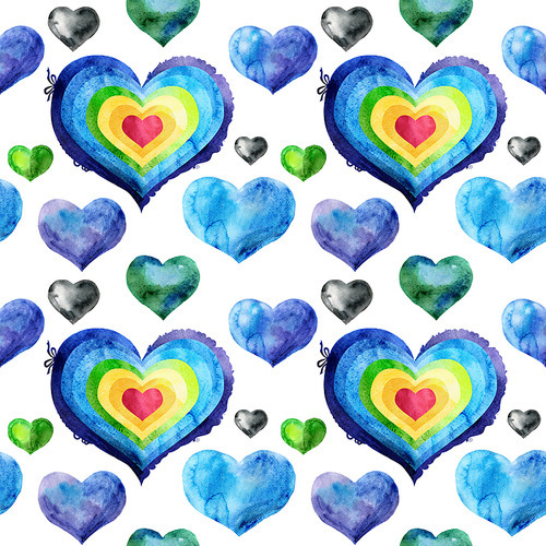 Seamless pattern of watercolor rainbow hearts with light and shade, painted by hand