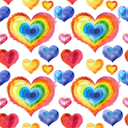 Seamless pattern of watercolor rainbow hearts with light and shade, painted by hand