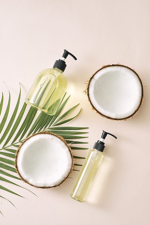 Shampoo and spray coconut hair care. Natural cosmetics homemade mask. Coconut oil and scrub. Spa and wellness. Homemade beauty products. Healthy lifestyle.