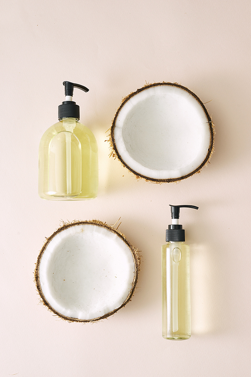 Shampoo and spray coconut hair care. Natural cosmetics homemade mask. Coconut oil and scrub. Spa and wellness. Homemade beauty products. Healthy lifestyle.