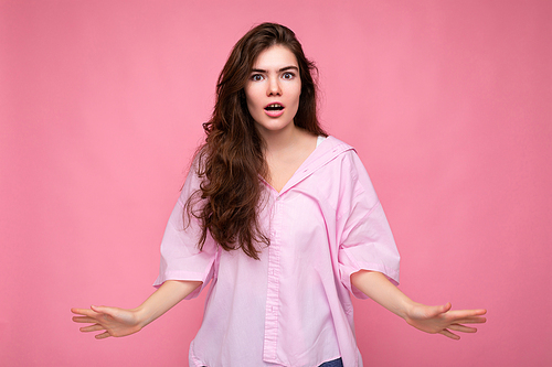 Are you serious? Closeup photo of beautiful attractive shocked amazed surprised young woman with open mouth wearing casual clothes isolated over colourful background with empty space.