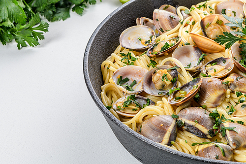 Traditional italian seafood pasta with clams Spaghetti alle Vongole.