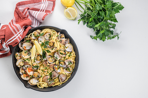 Traditional italian seafood pasta with clams Spaghetti alle Vongole.