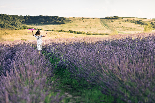 Happy girl runs with a toy airplane on field at sunset light. Children play toy airplane. Little girl wants to become pilot and astronaut. Teenager dreams of flying and becoming pilot.