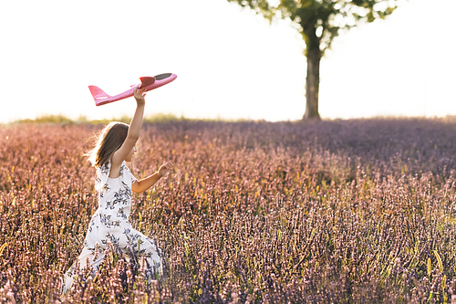 Happy little girl playing with airplane on a lavender field during sunset. Children play toy airplane. Little girl wants to become pilot and astronaut. Concept big child dream.