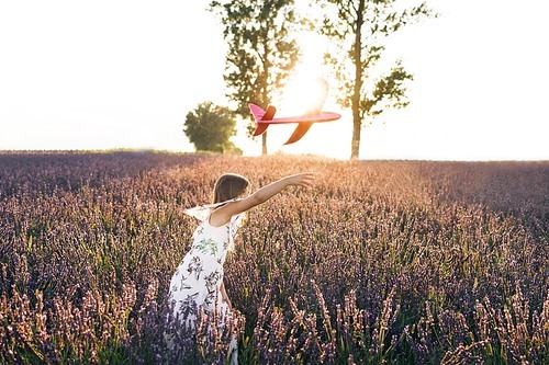 Little girl wants to become pilot and astronaut. Concept big child dream. Happy little girl playing with airplane on a lavender field during sunset. Children play toy airplane.