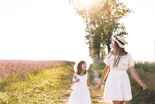 Happy family walks in the park at sunset. Mother and little kid holding hands walking outdoors. Joint family walks healthy lifestyle. Happy family motherhood childhood concept.