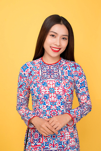 Vietnamese woman traditional festival costume Ao Dai. Tet holiday. Lunar New Year.