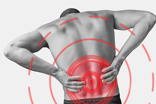 Acute pain in a male lower back. Monochrome image, isolated on a white background. Pain area of red color.