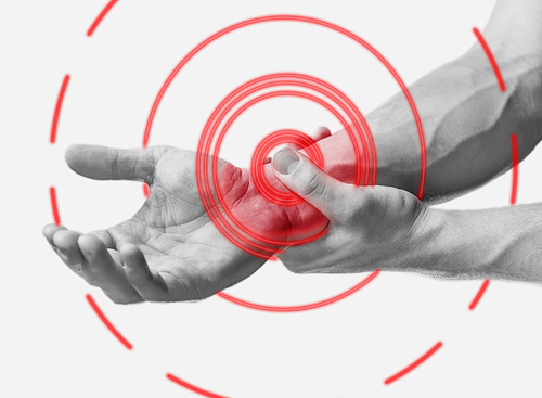 Acute pain in a male wrist. Man holding his hand, close-up. Monochrome image, isolated on a white background. Pain area of red color.