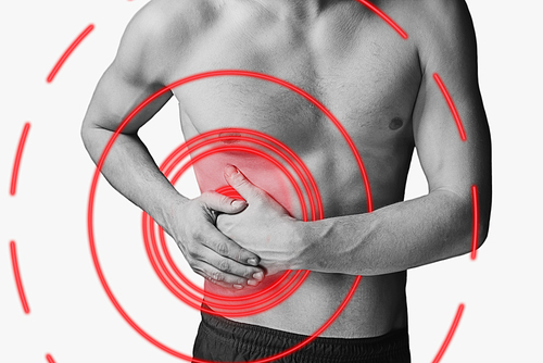 Acute pain in a right side of male abdomen. Monochrome image, isolated on a white background. Pain area of red color.