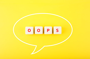 Speech bubble oops on bright yellow background. Bright, minimal, modern concept of emotions expression