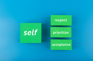 Self respect, acceptance, respect and prioritize concept in blue colors. Mental health, self love and wellness concept. Mental health, self love and wellness concept or psychological health