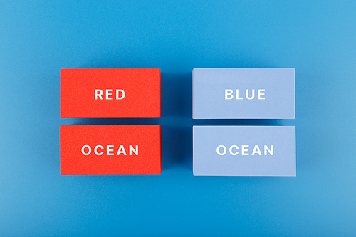 Marketing red ocean and blue ocean business strategy concept. Flat lay, close up. Minimal, stylish composition on dark blue background