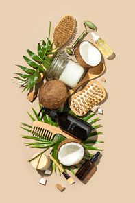 Coconut oil and natural cosmetic products, hair, face and body treatment, massage and spa concept, flat lay, top view