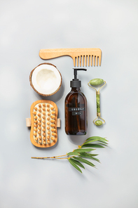Natural organic SPA cosmetic products set. Flat lay minimalist style