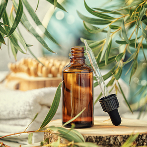 Amber glass bottle with wooden massage brush, eucalyptus leaves, mirror and towels. Natural organic eco cosmetic packaging, luxury beauty products for body care