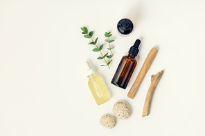 Natural skin care products on white background, flat lay. Concept of organic, zero waste, eco friendly cosmetics
