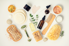 Natural skin care products on white background, flat lay. Concept of organic, zero waste, eco friendly cosmetics