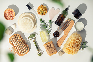 Natural skin care products on white background, flat lay. Concept of organic, zero waste, eco friendly cosmetics