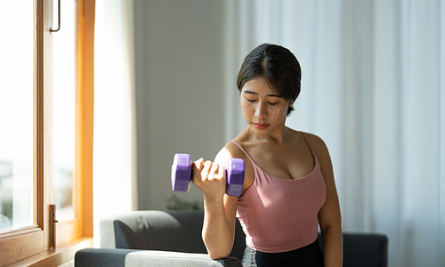 Portrait of young asian woman lifting dumbbells at home.