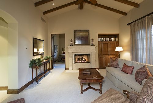 Living room interior with fireplace in luxury villa