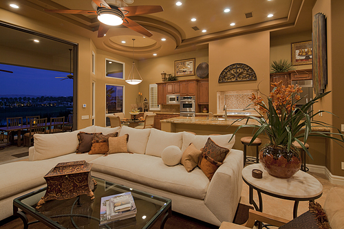 Living room interior with kitchen in background