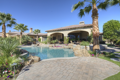 View of swimming pool in luxury manor house