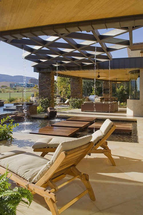 Chaise lounge in luxury patio of mansion