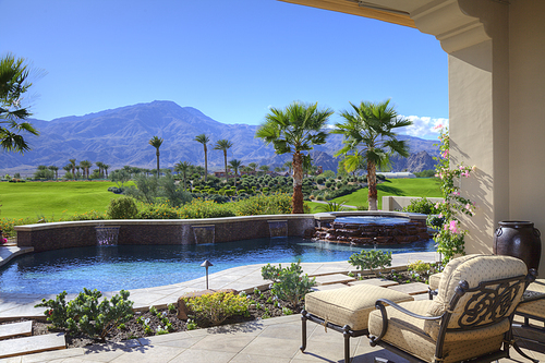 Scenic view of mountains and landscape from mansion patio