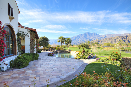 View of mountains from luxury manor house